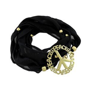 Black Beaded Ribbon Gold Tone Peace Sign Wrap Bracelet